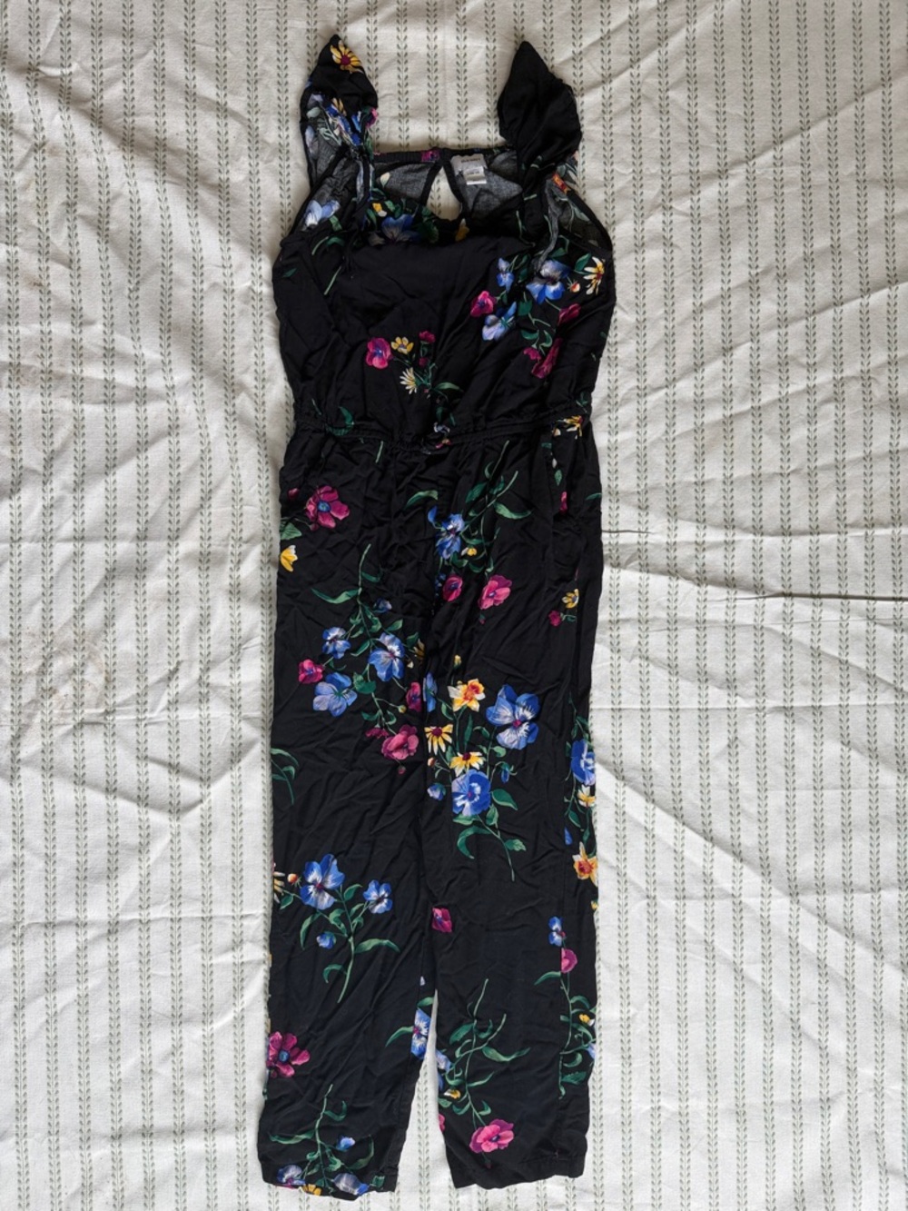 Girls 10-12 Black Floral Jumpsuit with Colorful Bloom Print